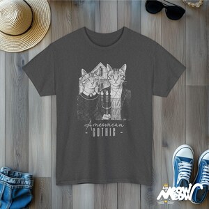 Ameowican Gothic Cat T-Shirt: Funny Art Parody Tee Dark Heather