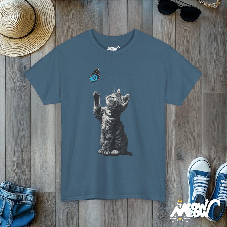 Kitten and Butterfly Graphic T-Shirt, Cat Lover Tee Indigo Blue
