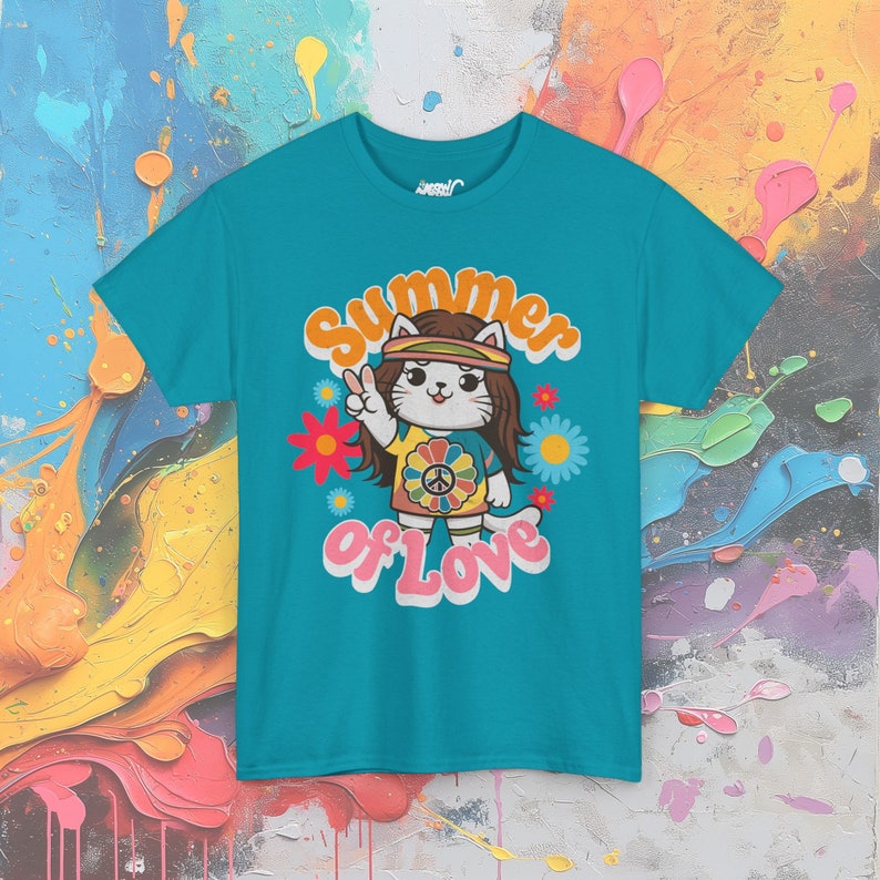 Hippie Cat T-Shirt: 60s Flower Power Groovy Tee Tropical Blue
