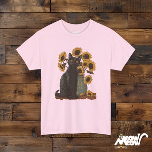 Van Gogh Sunflowers Black Cat T-Shirt | Famous Painting Unisex Shirt | Gift for Art Lovers Light Pink