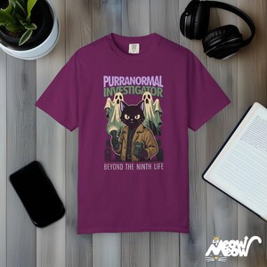 Purranormal Investigator T-Shirt Comfort Colors, Comic-Style Ghost Hunter Cat Tee, Beyond the Ninth Life Boysenberry
