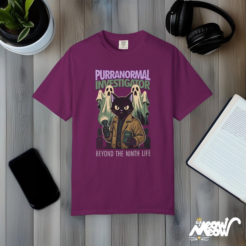 Purranormal Investigator T-Shirt Comfort Colors, Comic-Style Ghost Hunter Cat Tee, Beyond the Ninth Life Boysenberry