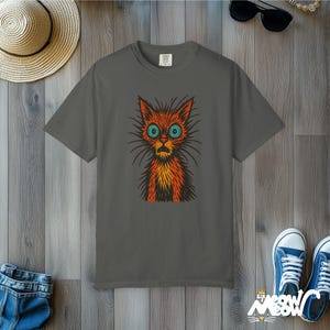 Retro Woodcut Cat T-Shirt: Scruffy Comfort Colors Tee Pepper