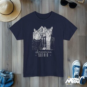 Ameowican Gothic Cat T-Shirt: Funny Art Parody Tee Navy