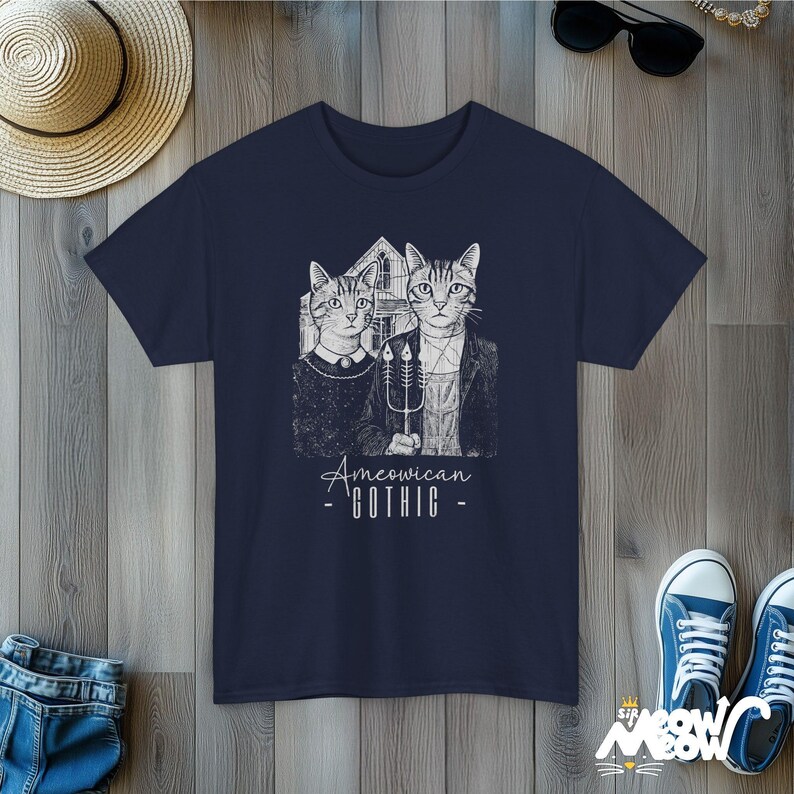 Ameowican Gothic Cat T-Shirt: Funny Art Parody Tee Navy