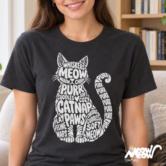 Word Cloud Cat T-Shirt, Typographic Cat Silhouette, Unisex Tee