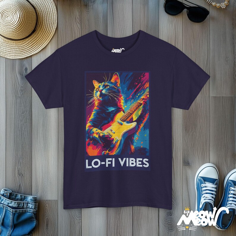 Lo-Fi Vibes Cat T-Shirt: Retro Music Graphic Tee Blackberry