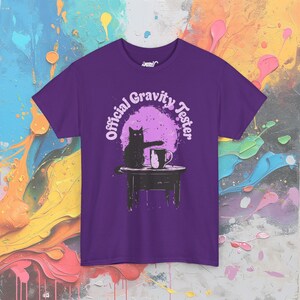 Funny Cat Gravity Tester T-Shirt: Science Humor Gift Purple