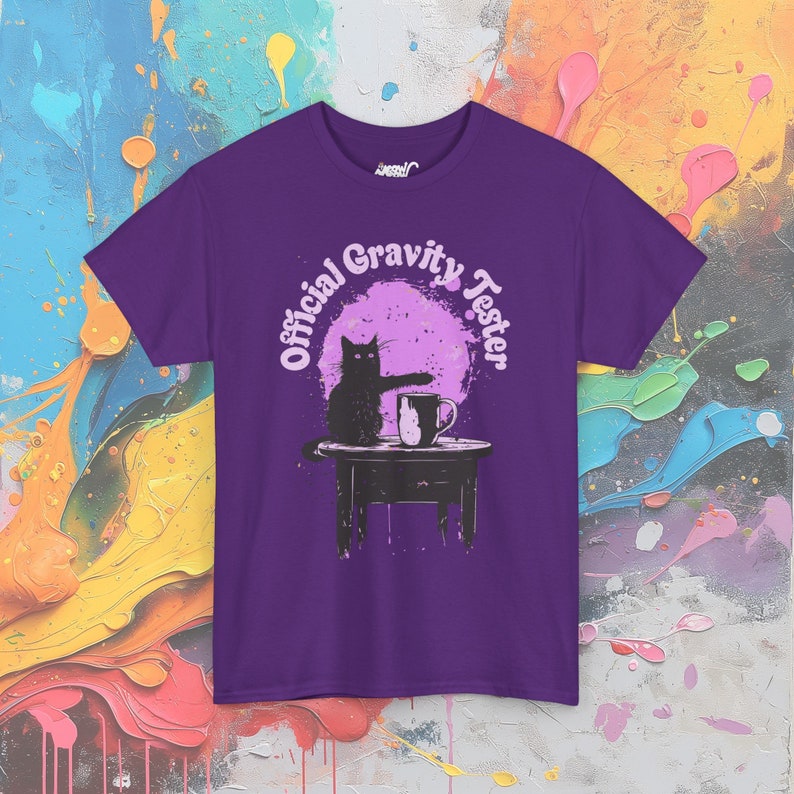 Funny Cat Gravity Tester T-Shirt: Science Humor Gift Purple