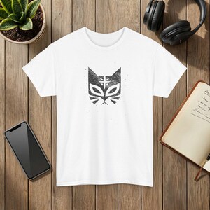 El Gato Mask Graphic T-Shirt Vintage Cat Face Design Unisex Cotton Tee Dark Charcoal White