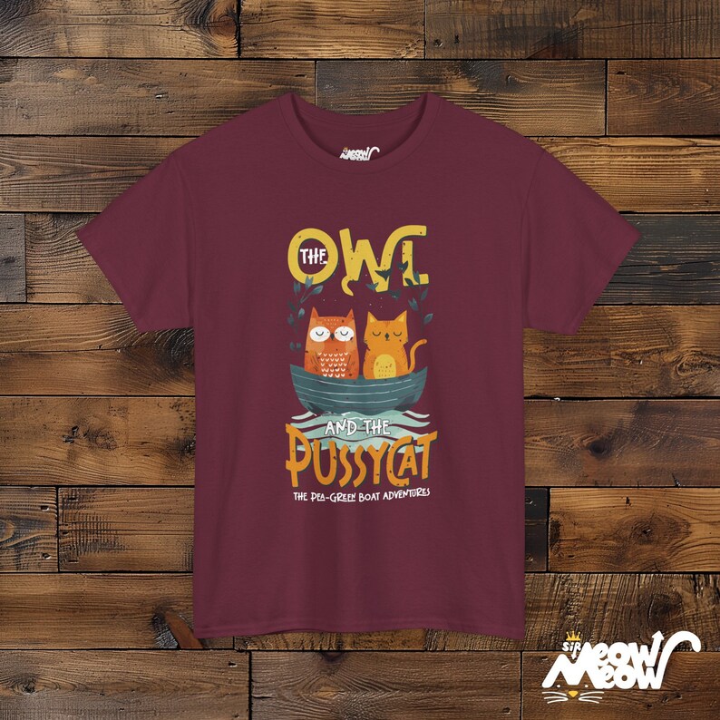 Owl and Pussycat T-Shirt, Story Lover Gift, Unisex Tee Maroon