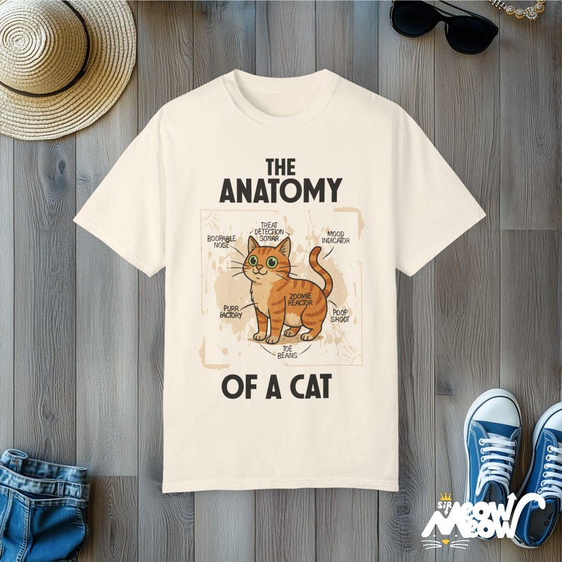 おもしろ猫の解剖学と快適な色彩のTシャツ：猫好きへのギフト Ivory