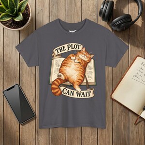 The Plot Can Wait Cat T-Shirt, Ginger Tabby on Book, Book Lover Gift Charcoal