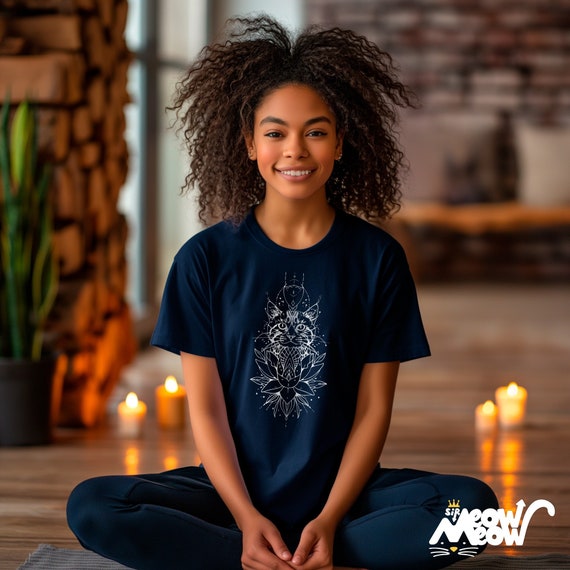 Lotus Flower Cat T-Shirt: Spiritual Feline Line Art Tee
