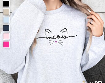 Meow Cat Sweatshirt, Minimalist Whiskers Ears Shirt, Cat Lover Gift