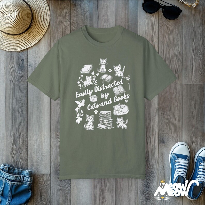 Easily Distracted by Cats and Books T-Shirt: Bookworm Cat Mom Tee Moss