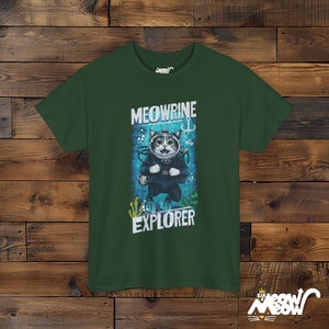 Meowrine Explorer T-Shirt: Funny Scuba Diving Cat Graphic Tee Forest Green