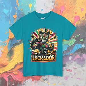 Wrestling Cat Shirt, El Gato Luchador T-Shirt, Lucha Libre Inspired Mexican Wrestler Cat Tropical Blue