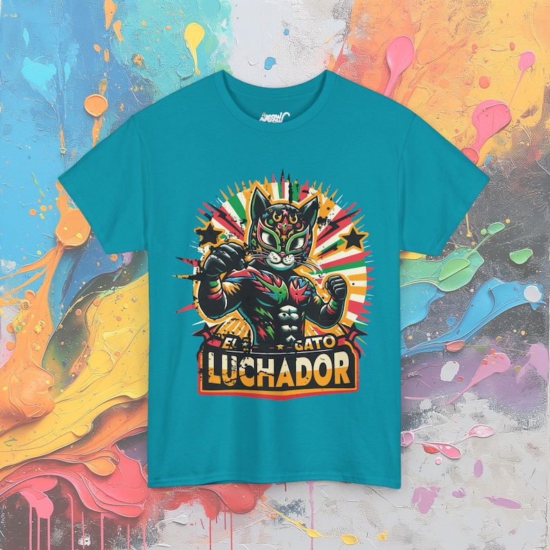 Wrestling Cat Shirt, El Gato Luchador T-Shirt, Lucha Libre Inspired Mexican Wrestler Cat Tropical Blue