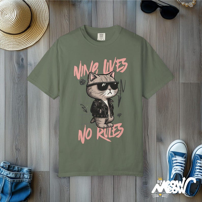 Rebel Cat Graphic Tee: Comfort Colors Retro Streetwear Moss