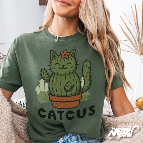 Funny Cactus Cat Graphic T-Shirt – Plant Lover Pun Tee
