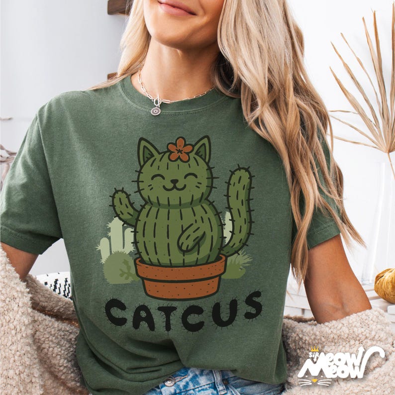 Funny Cactus Cat Graphic T-Shirt – Plant Lover Pun Tee image 1