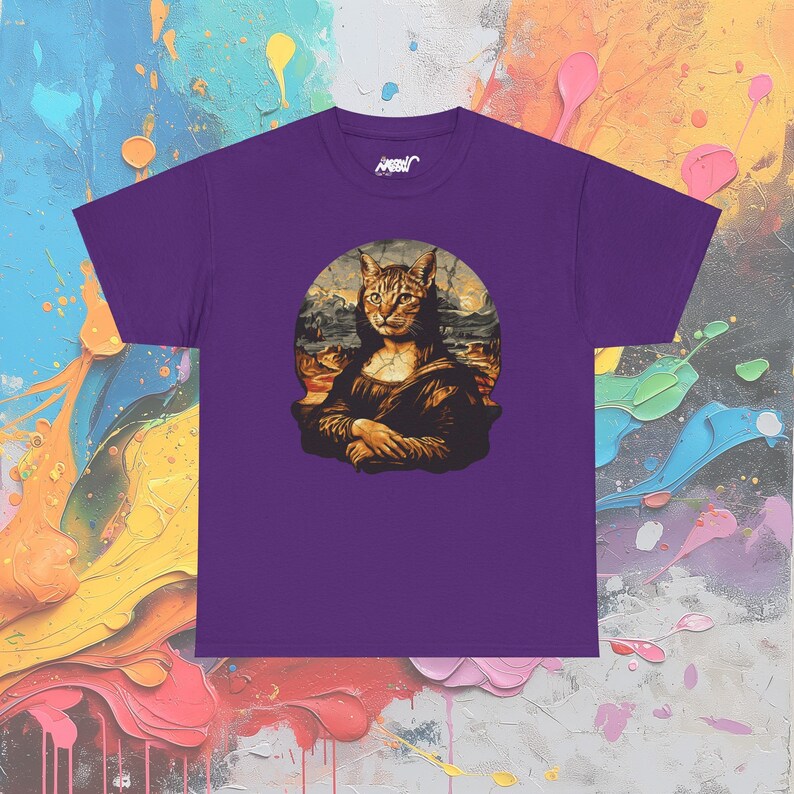 T-shirt Mona Lisa : parodie d'art Da Vinci, cadeau pour amoureux des félins Purple