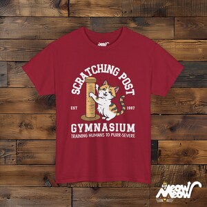 Funny Cat Training T-Shirt: Scratching Post Gymnasium Unisex Tee Cardinal Red