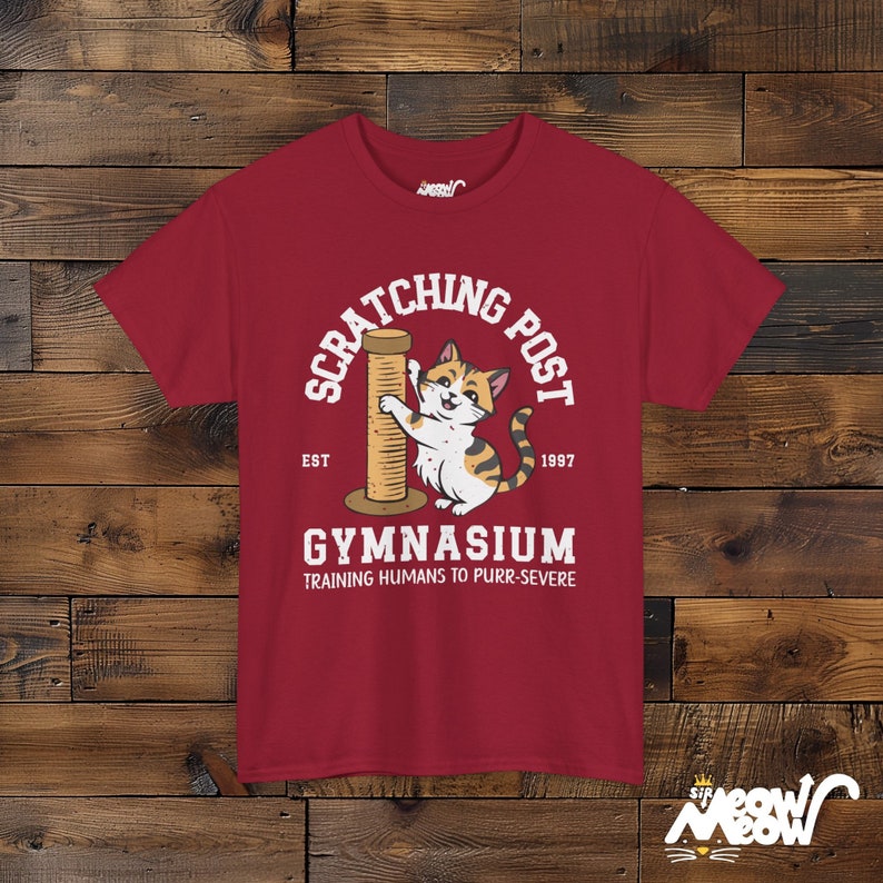 Funny Cat Training T-Shirt: Scratching Post Gymnasium Unisex Tee Cardinal Red