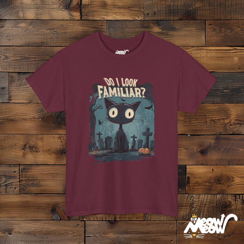 Spooky Black Cat Halloween T-Shirt: Unisex Witch Cat Tee Maroon