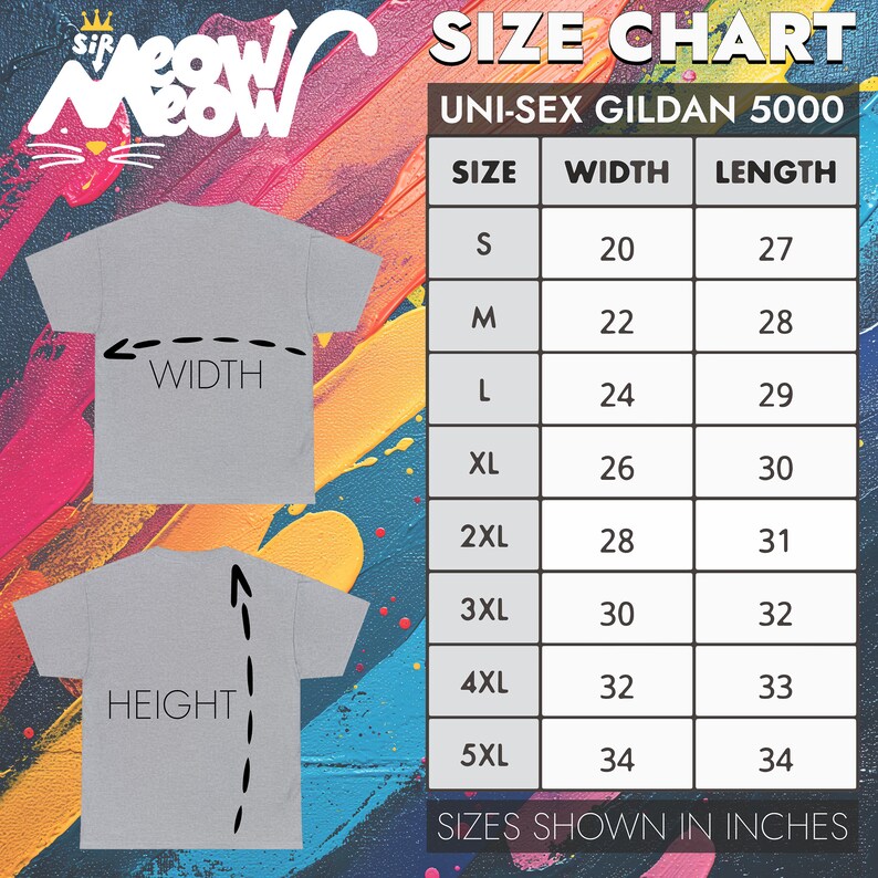 May include: Size chart for unisex Gildan 5000 t-shirts, showing width and length measurements in inches for sizes S through 5XL.