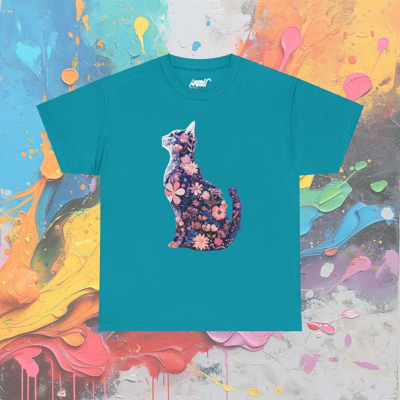 Floral Cat Silhouette T-Shirt: Feminine Cottagecore Graphic Tee Tropical Blue