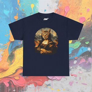 T-shirt Mona Lisa : parodie d'art Da Vinci, cadeau pour amoureux des félins Navy