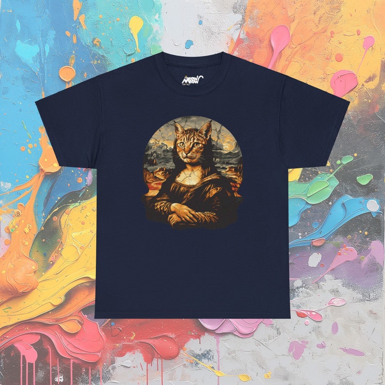 T-shirt Mona Lisa : parodie d'art Da Vinci, cadeau pour amoureux des félins Navy