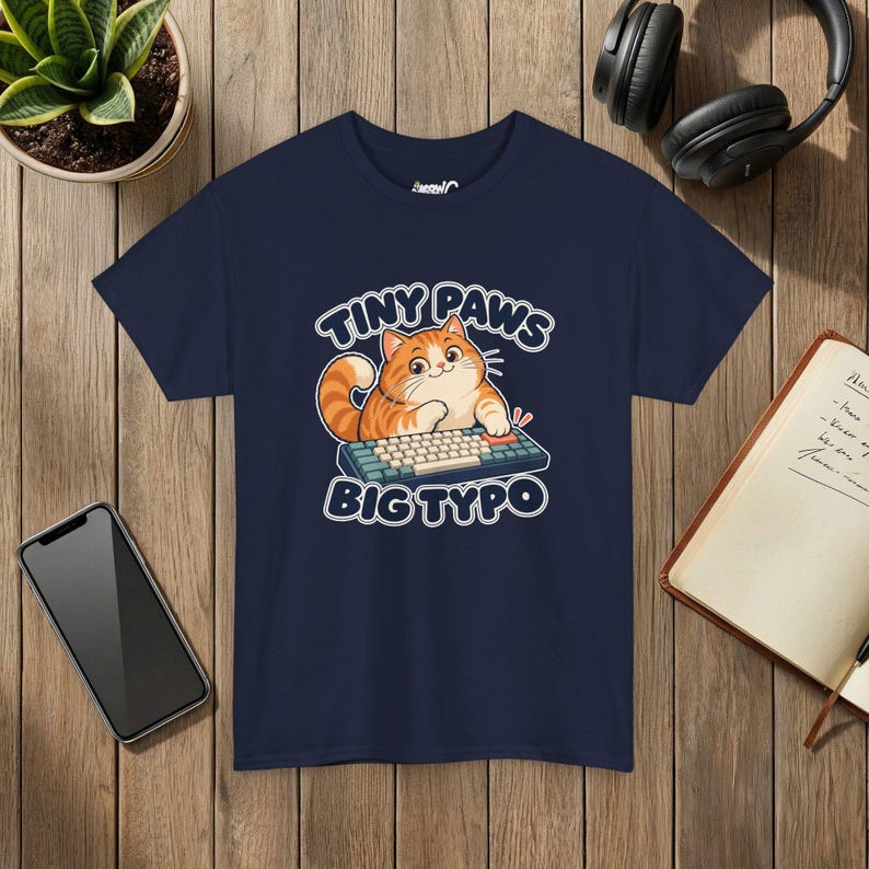 Tiny Paws Big Typo Cat T-Shirt, Keyboard Cat, Gildan 5000 Navy