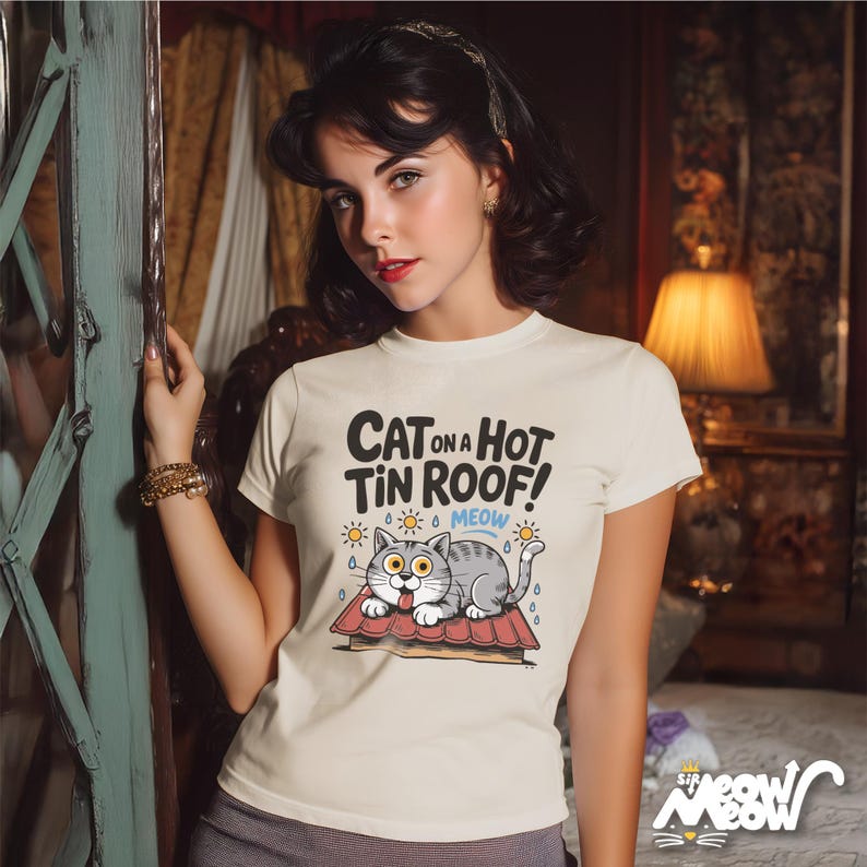 Funny Cat on a Hot Tin Roof T-Shirt: Theater Parody Tee Ivory