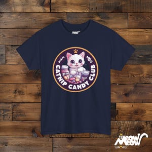 Catnip Candy Club T-Shirt - Funny Cat Lover Gift - Whimsical Kitten Design Navy