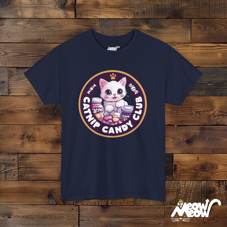 Catnip Candy Club T-Shirt - Funny Cat Lover Gift - Whimsical Kitten Design Navy