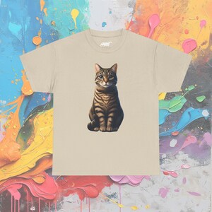 Double Sided Tabby Cat T-Shirt, Front & Back Feline Design, Unique Unisex Cat Lover Tee Sand