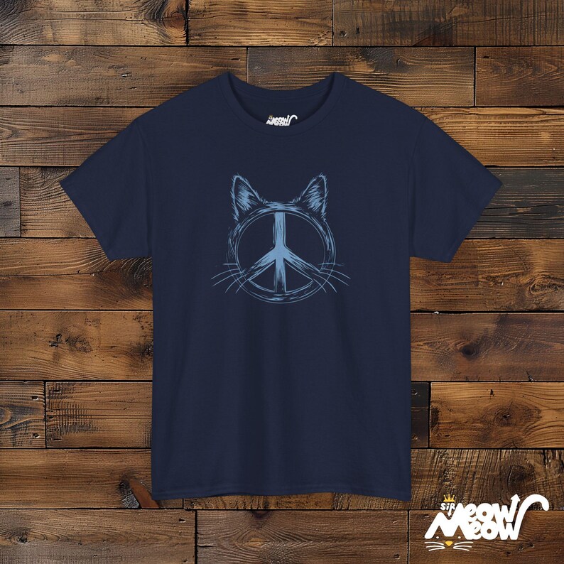 Peace Cat T-Shirt: Minimalist Retro Hippie Unisex Shirt Navy