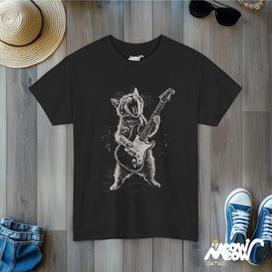 Rockin' Cat T-Shirt - Funny Guitar Playing Cat Design - Music Lover Gift Black