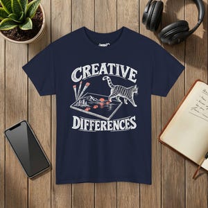 Creative Differences Cat T-Shirt, Funny Artist Cat and Paw Prints, Art Lover Gift, Gildan 5000 Navy