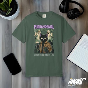 Purranormal Investigator T-Shirt Comfort Colors, Comic-Style Ghost Hunter Cat Tee, Beyond the Ninth Life Blue Spruce