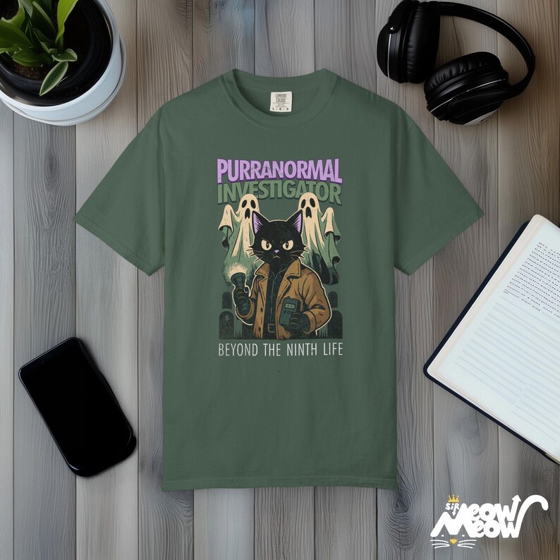 Purranormal Investigator T-Shirt Comfort Colors, Comic-Style Ghost Hunter Cat Tee, Beyond the Ninth Life Blue Spruce