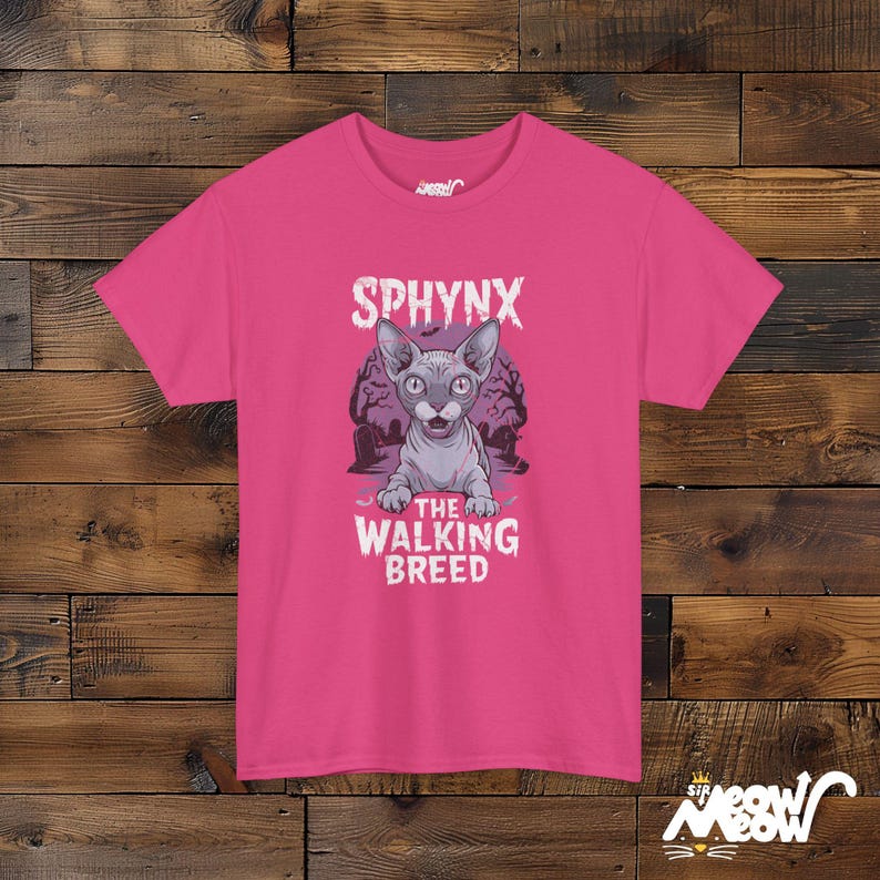 歩く犬種スフィンクス、ゾンビ猫、面白いハロウィーンデザイン、猫好きへのギフト、ユニセックスTシャツ Heliconia