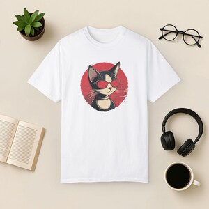 Cat Sunglasses T-Shirt, Retro Graphic Unisex Tee White
