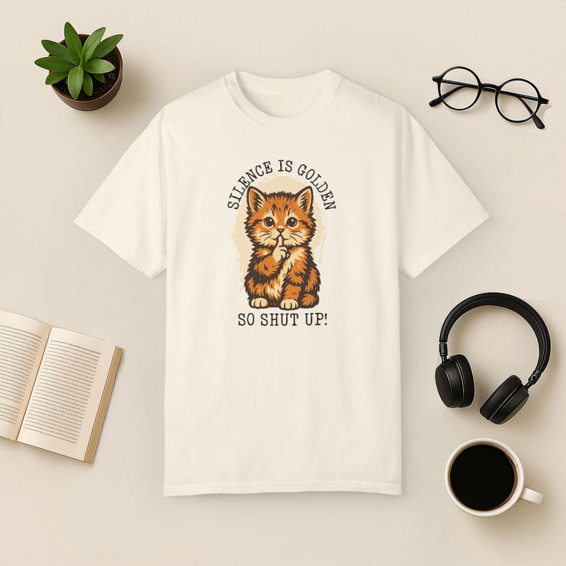 Silence Is Golden Cat Shirt: Comfort Colors Grumpy Kitten Tee Ivory