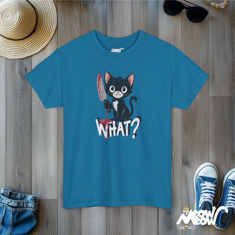 Psycho Kitten T-Shirt: Horror Cat Graphic Tee Antique Sapphire
