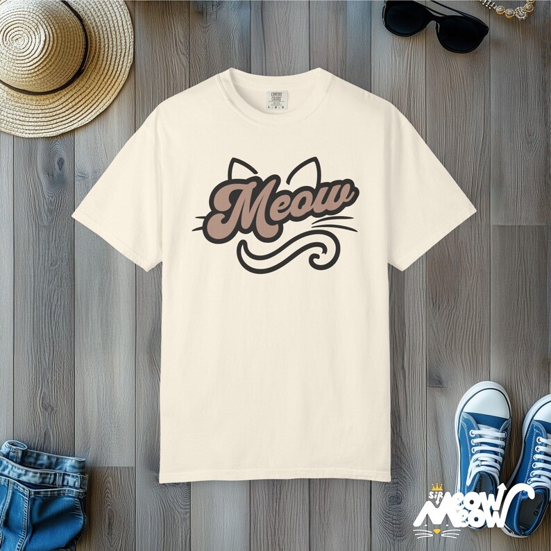 Meow Script Cat T-Shirt: Retro Kitty Comfort Colors Tee Ivory