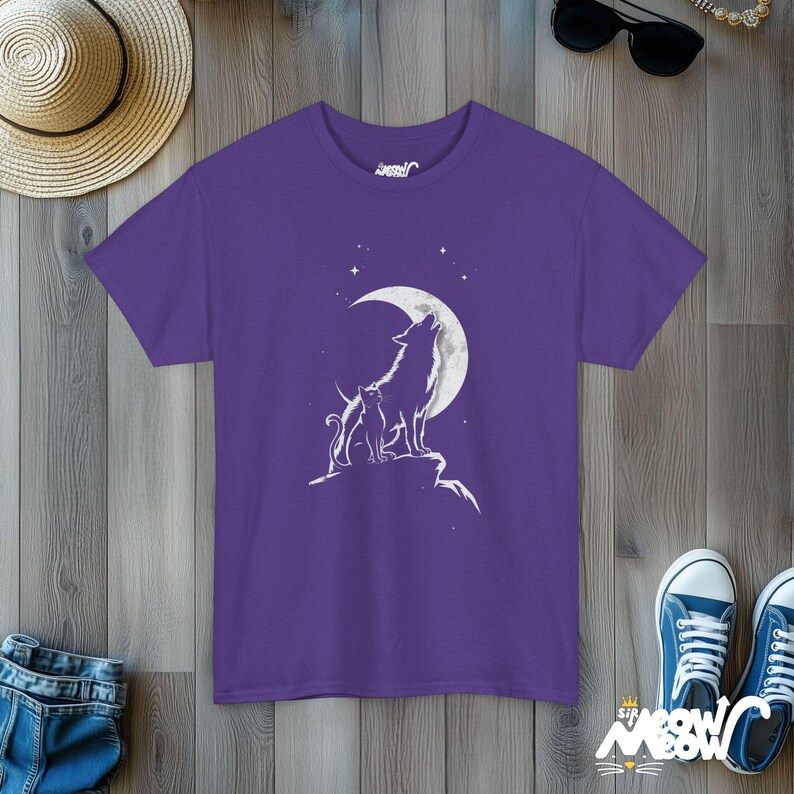 Cat & Wolf Moon T-Shirt | Enchanting Night Silhouette Tee | Unique Animal Lover Gift Lilac